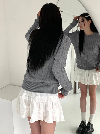 xsrrr BACK TO SCHOOL OUTFIT Harajuku Gray Casual Sweater Y2K Knitted Long Sleeve Autumn Sweaters for Women Vintage Crew Neck Basic Jumper Korean