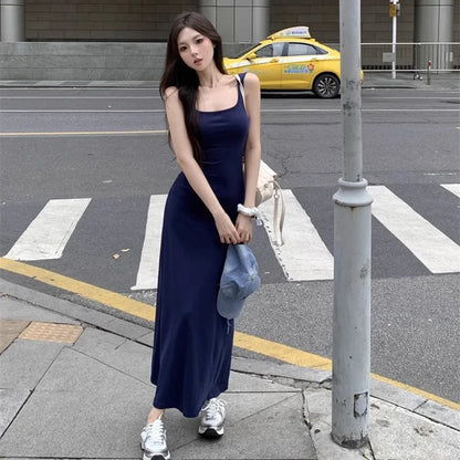 xsrrr Summer Women Versatile Streetwear Dress Lady Fashion Navy Blue Suspender Dress Female Daily Off Shoulder Slim Fit Long Dress