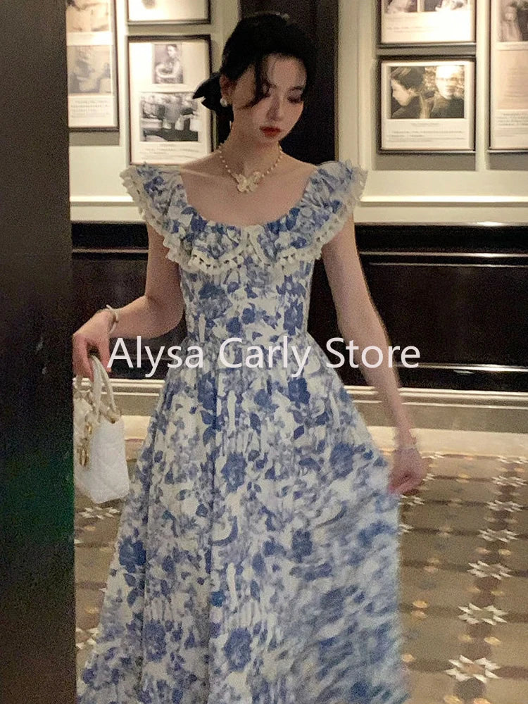 xsrrr DRESS TO IMPRESS Elegant Korean Fairy Long Dress Women Sexy Ruffles Party Slip Floral Dress Korean Style Summer Dress Female 2024 Casual Fashion