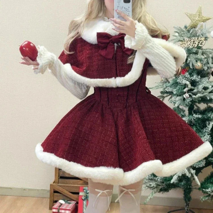 xsrrr Christmas Outfits Sweet Lolita Style Dress Sets Women Elegant Bow Plush Shawl Short Jackets Mini Skirts Suit Kawaii Christmas New Year 3 Piece Set