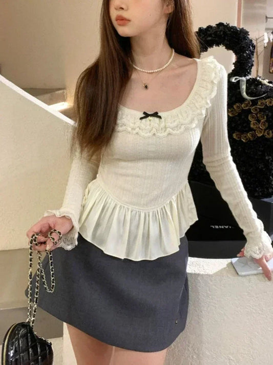 xsrrr Coquette Korean Style White T-shirts Women Fairycore Cute Ruffles Long Sleeve Tees Y2k Sweet Slim Corset Tops Autumn