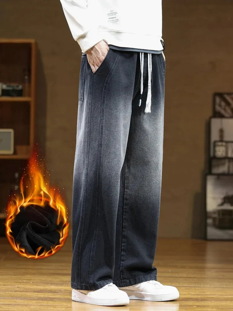 Winter Men's Oversized Jeans Thicken Velvet Warm Denim Pants Wide-Leg Straight Thermal Fleece Baggy Jean Trousers