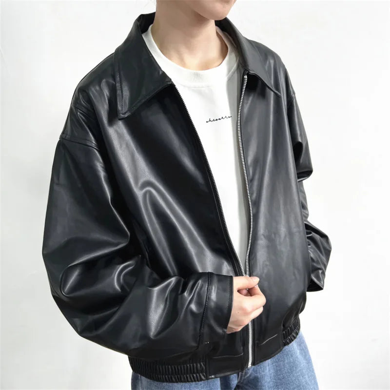 Short Leather Jacket Men Oversized Zipper Motorcycle Jackets Men Streetwear Hip-hop Loose Bomber Jacket Mens Korean Coat M-2XL