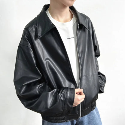 Short Leather Jacket Men Oversized Zipper Motorcycle Jackets Men Streetwear Hip-hop Loose Bomber Jacket Mens Korean Coat M-2XL