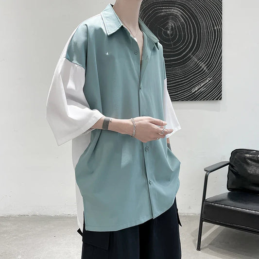 Summer Short Sleeved Shirt Men Contrasting Color Casual Shirt Men Streetwear Korean Loose Ice Silk Shirt Mens Oversized Shirts