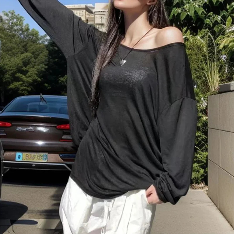 xsrrr Sexy Sheer Baggy T-shirt for Women 2024 Summer Casual Fashion Loose Pullovers Chic Lazy Solid Color Off Shoulder Top Streetwear