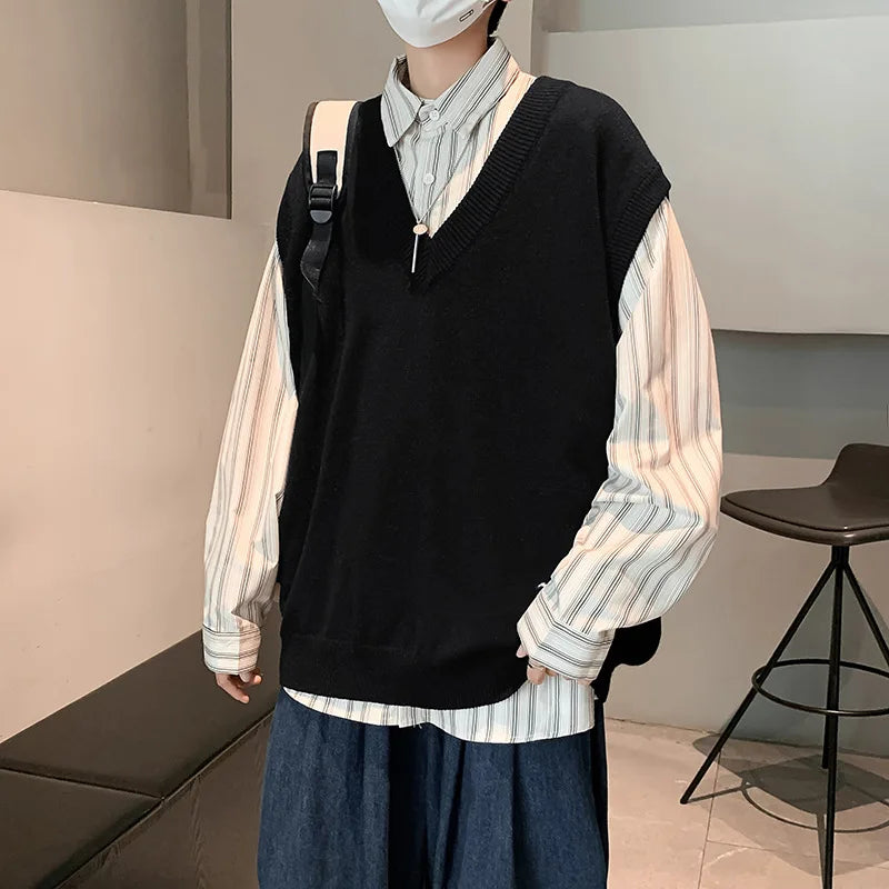 Men Sleeveless Vest V-Neck Knitted Sweater Spring Autunm Solid Oversized Baggy Tops Ins Fashion Streetwear Vintage Y2K Clothes