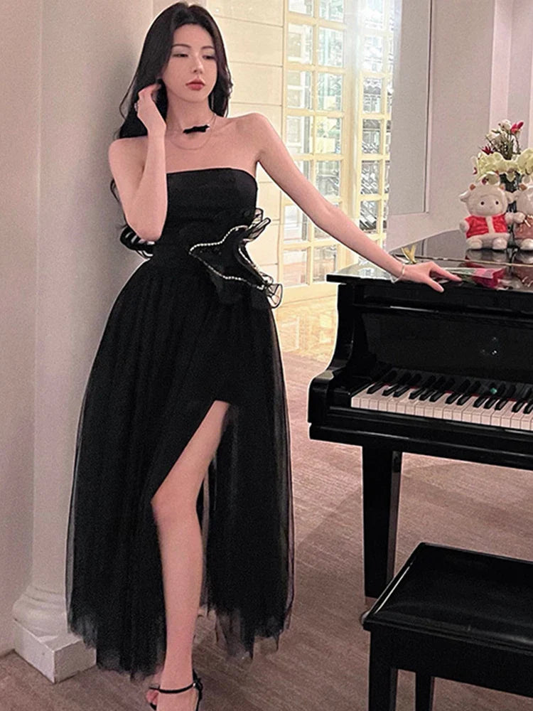 xsrrr DRESS TO IMPRESS Summer Women Evening Dress Black Sexy Chest Wrapping Backless Slim Maxi Dresses Party Gown Birthday Robe Mujer Vestidos Fiesta