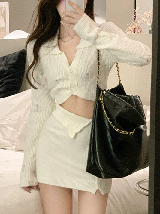 xsrrr BACK TO SCHOOL OUTFIT Knitted 2 Piece Dress Set Dress Women Autumn Casual Long Sleeve Korean Style Sweater Suit Office Lady Elegant Y2k Chic Sets