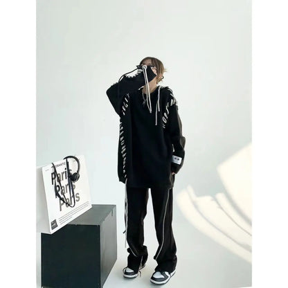 Lace-Up Ribbon Loose Knit Sweater bf Oversized Pullover Women Man 2024 y2k clothing hiphop punk goth harajuku streetwear grunge