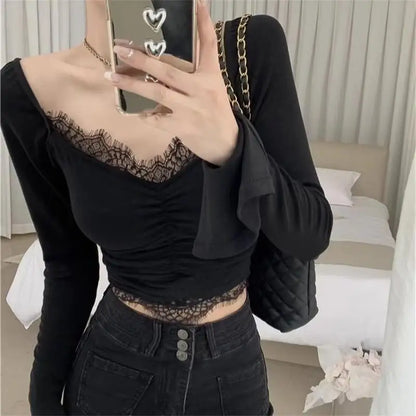 xsrrr FALL OUTFIT Korean Crop Top Autumn Women Aesthetic V-neck Lace Patchwork Solid Color Tops Sexy Skinny Casual Long Sleeve T-shirt