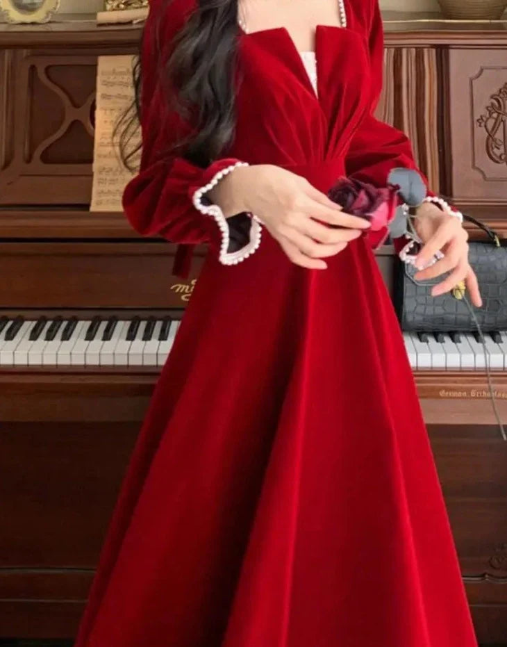 xsrrr DRESS TO IMPRESS Women Vintage A-line Wedding Party Dress Autumn Fashion Elegant Long Sleeve Backless Red Vestidos Female Princess Robe Spring