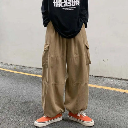 Khaki Cargo Pants Men Elastic Waist Baggy Trousers Fashion Overalls Oversized Bottoms Summer Vintage Male Y2K Clothes Streetwear