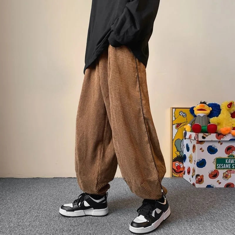 Winter Japanese Retro Wide Leg Pants for Men Corduroy Haren Pants Oversized Casual Jogging Sweatpants Hip-hop Street Male