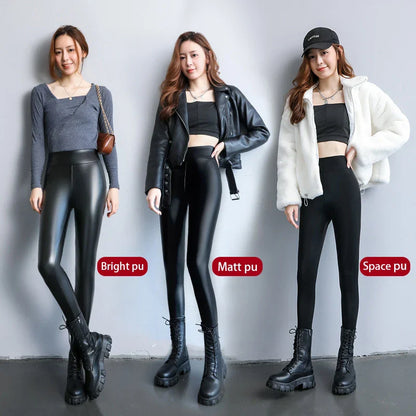 xsrrr Autumn Winter Black Fleece Matte Leather PU Leggings Women's High Waist Elasticity Lift Buttock Trousers Skinny Legging Pants