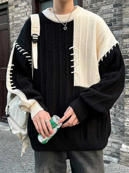 Fashion Autumn Winter Men's Oversize Loose Casual Jumpers Male Round Neck Sweater Tops Men Patchwork Knitted Tops S846