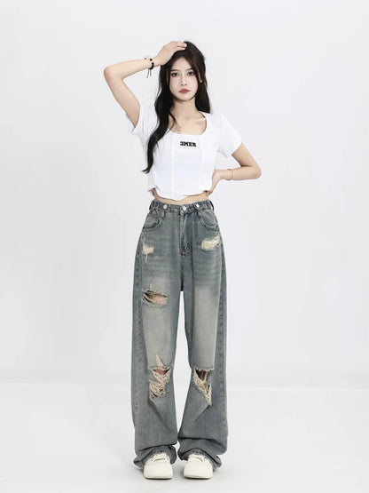 xsrrr Vintage Y2K Ripped Jeans Women Blue High Waist Straight Loose Denim Trousers Wide Leg Pants Streetwear Oversize