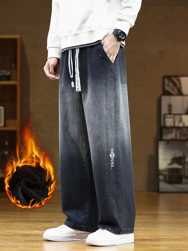 Winter Men's Oversized Jeans Thicken Velvet Warm Denim Pants Wide-Leg Straight Thermal Fleece Baggy Jean Trousers