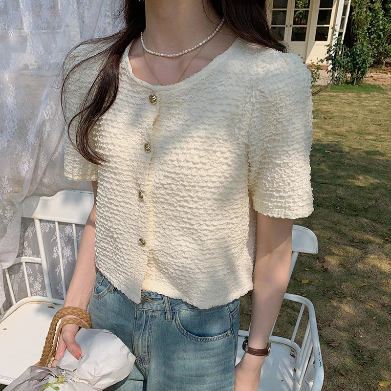 Hnewly Korean Chic O-neck Short Sleeve Shirt Women Fashion Buttons Slim Short Tops Female Blouse Ladies Elegant Summer Blouses