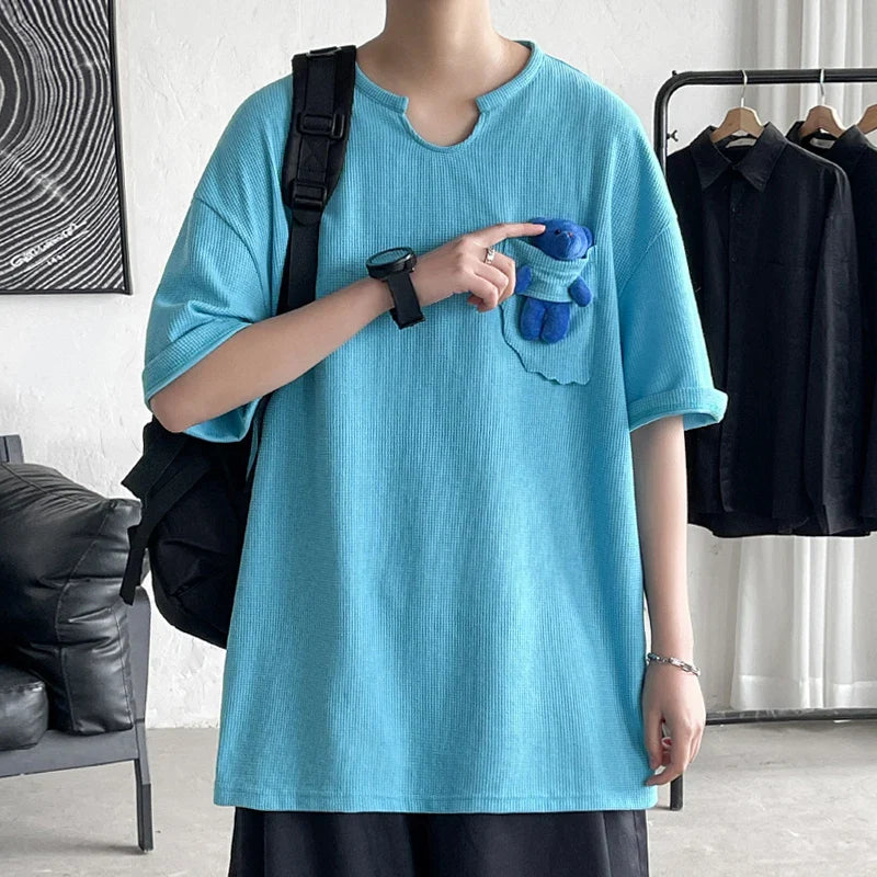 Waffle Short Sleeve T-Shirts Solid Color Pocket Doll Bear Design O-neck Tops Oversize Summer Men's Clothes Loose Casual Tops