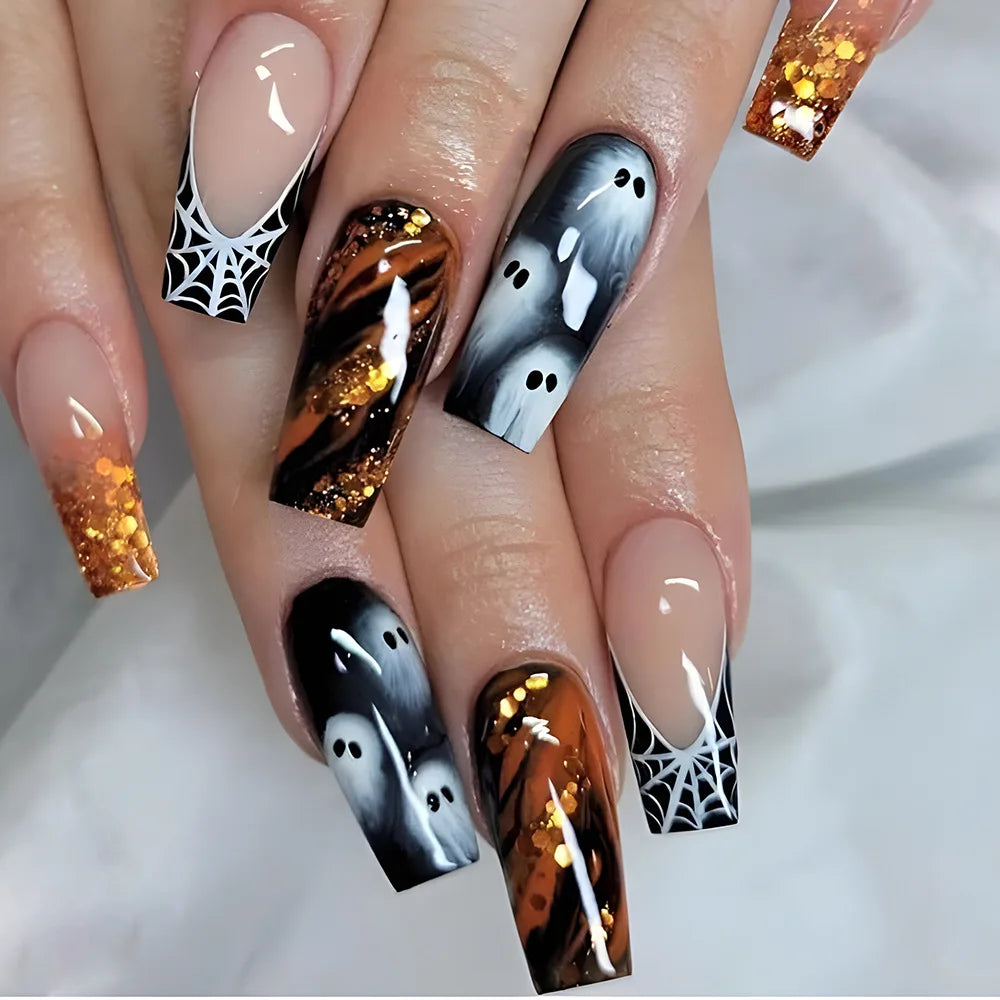 xsrrr Halloween Nails 24pcs Black Cool False Nails with Ghost Spider Web Pattern Decor Almond Fake Nail Tips Wearable Halloween Party Press on Nails