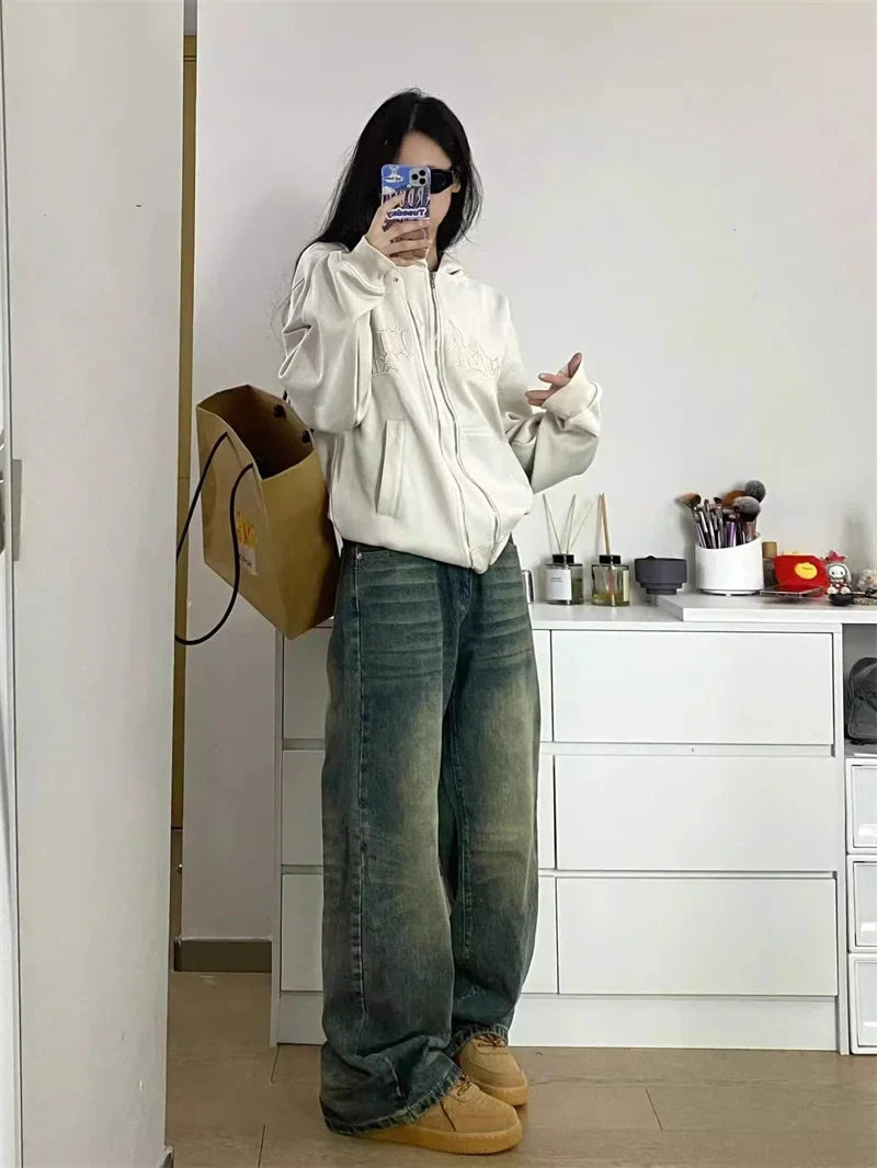 xsrrr BACK TO SCHOOL OUTFIT Autumn Winter New Ladies Baggy Jeans American High Street Wide Leg Women's Jeans Note Embroidery Women Pants High Waist