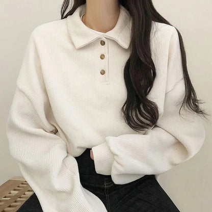 xsrrr Fall Winter Ribbed Pullovers Women Casual Simple Preppy Style Student Turndown Collar Sweater Korean Button-up Blouses