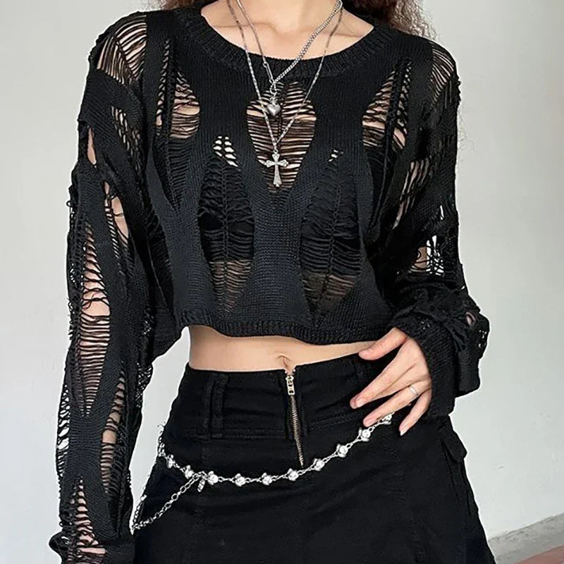 xsrrr Women Hole Hollow Out Y2K T-shirts Batwing Sleeve Knitted Shirt For Women Loose Streetwear Tops Spring Autumn 2024