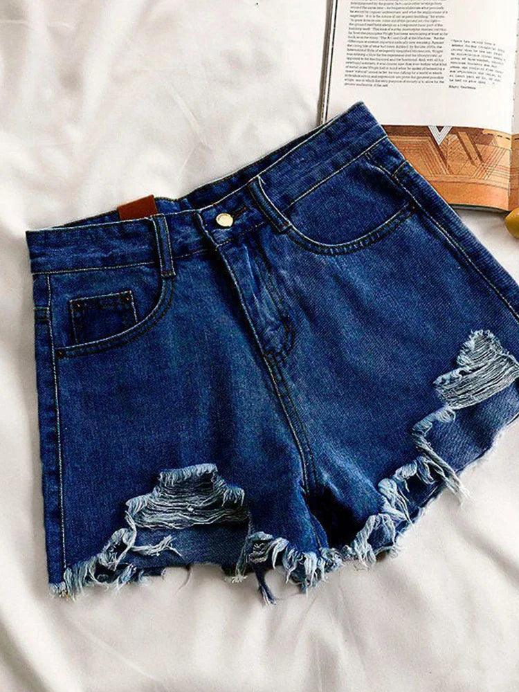 xsrrr Casual High Waist Denim Shorts Women Summer Pocket Tassel Hole Ripped jeans Short Female Femme Short Pants Women