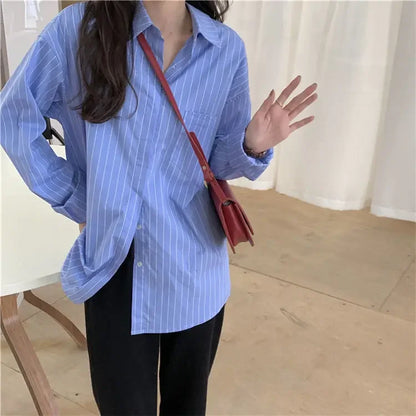 xsrrr Shirts Women Blue Striped Loose Harajuku Long Sleeve Casual Spring Tops Students All-match Fashion Simple Korean Ulzzang Chic BF