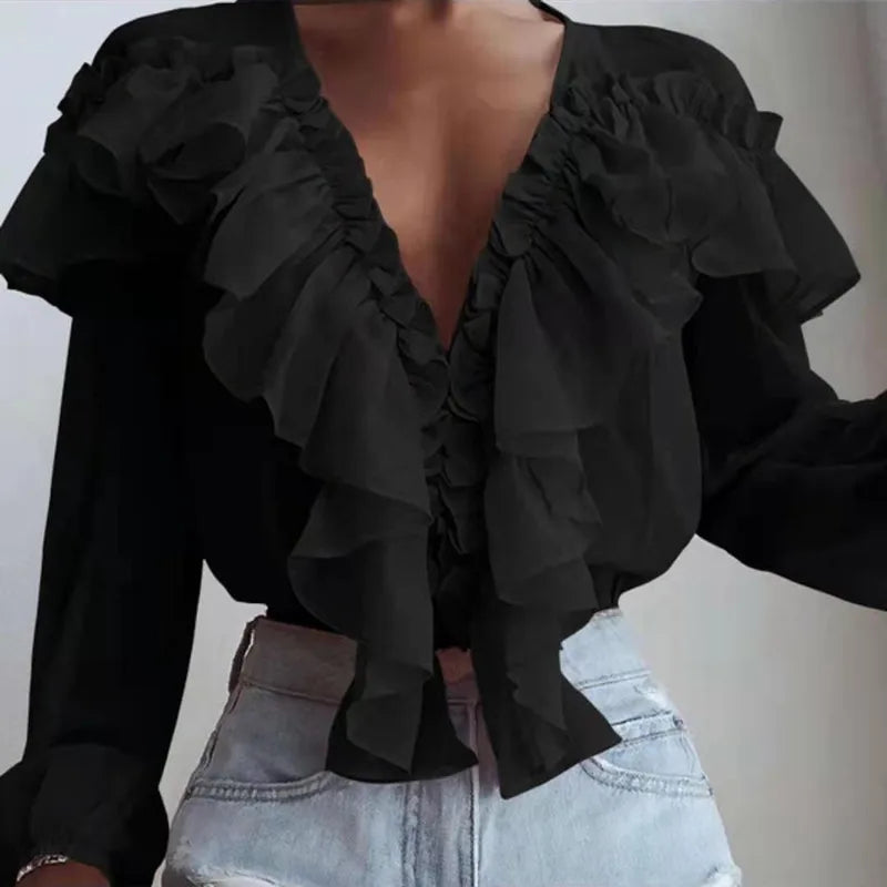 xsrrr Spring Autumn Elegant Ruffles Women Shirts Top Casual V Neck Long Sleeve Loose Female Solid Chiffon Blouses For Women Blusa