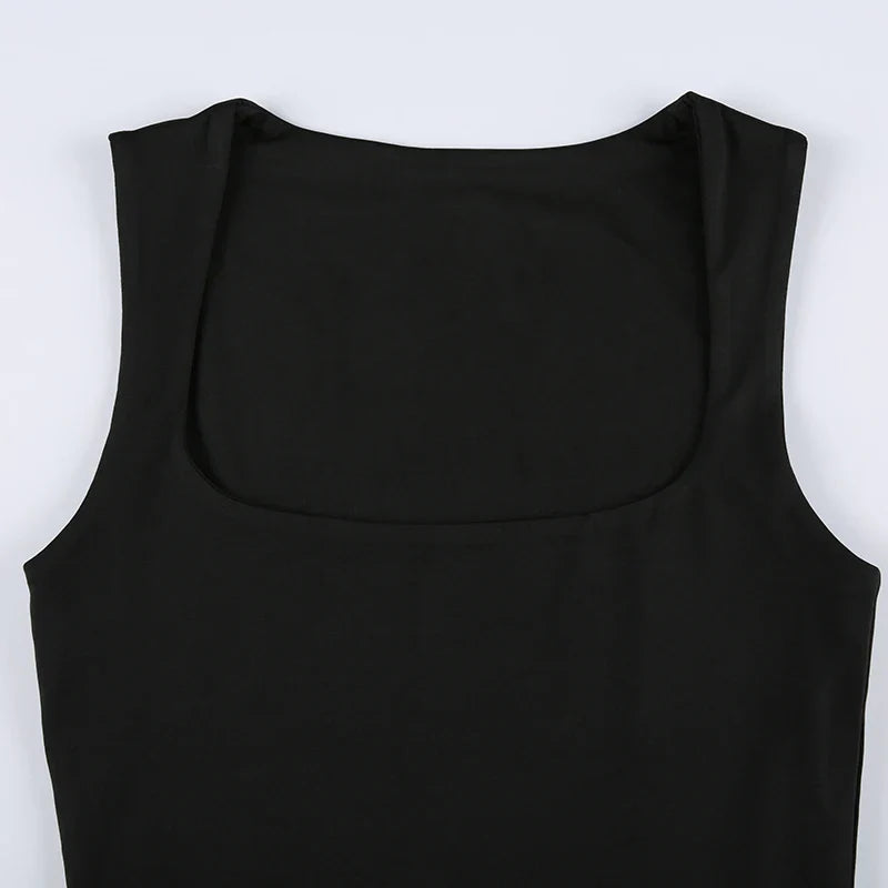 xsrrr Solid Black Square Collar Crop Top Women Sleeveless Basic Tank Tops Vintage Casual Ladies Vest Harajuku Y2k Summer Tees