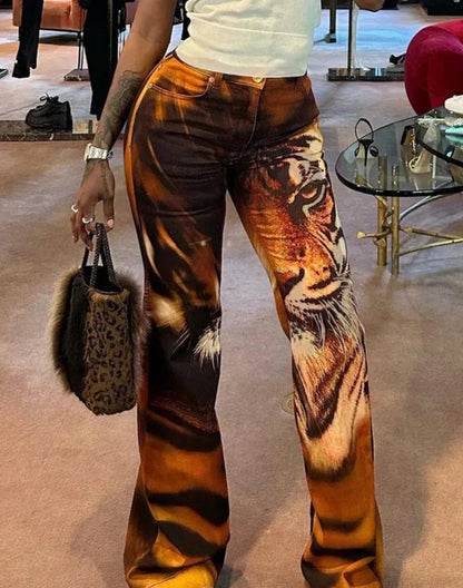 xsrrr Tiger Print Flare Pants Women Y2K Summer Trend Skinny Elastic Wild Casual Streetwear Basic High Waist Trousers