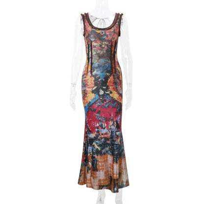 xsrrr DRESS TO IMPRESS Summer New INS Women's Tie Dyed Printed U-neck Fashion Retro Slim Dress Sexy Spicy Girl Backless Pullover High Waist Dresses