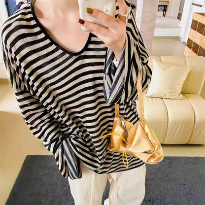 xsrrr FALL OUTFIT Harajuku Y2k Top Black Apricot Striped T-Shirt 2024 Autumn Baggy Casual Long-Sleeved Top Woman Clothes Grunge Korean Fashion