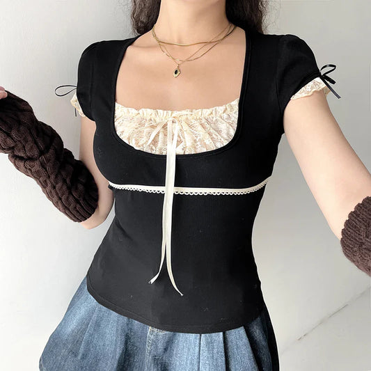 xsrrr Vintage Bow Stitched y2k T-shirt Lace Patchwork Sweet Short Sleeve Crop Top for Women Summer Fairycore T Shirts Harajuku