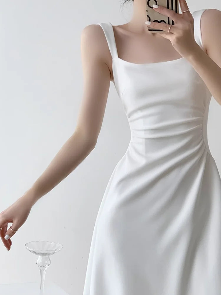 xsrrr DRESS TO IMPRESS Summer Evening Party White Long Dress Office Lady Slim Sexy Sleeveless Strap Dress Beach Style Women One Piece Dress Korean