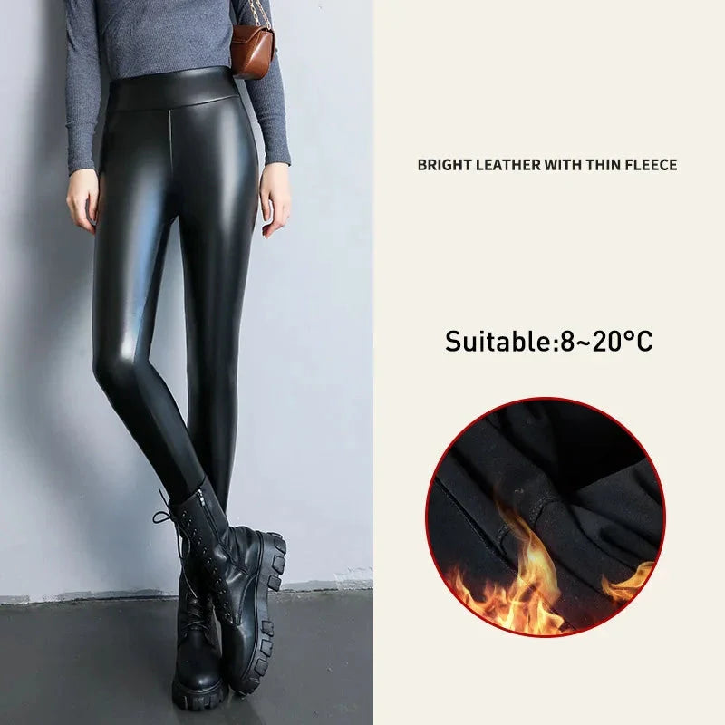 xsrrr Autumn Winter Black Fleece Matte Leather PU Leggings Women's High Waist Elasticity Lift Buttock Trousers Skinny Legging Pants