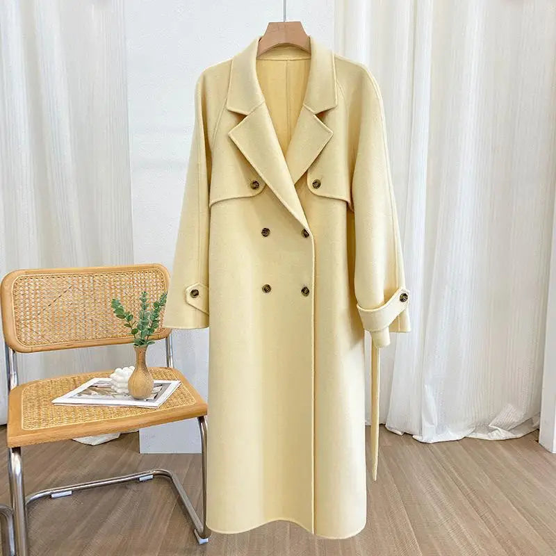 xsrrr Korean Style Fall And Winter Double Breasted Long 100% Wool Coats Women Handmade Suit Collar Loose Lace Up Woolen Jackets