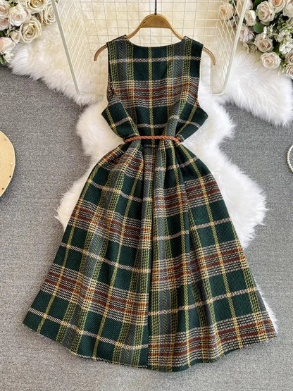 xsrrr Autumn Winter Plaid Woolen Dress Women Vintage V Neck Sleeveless Long Dress With Belt Streetwear Sundress