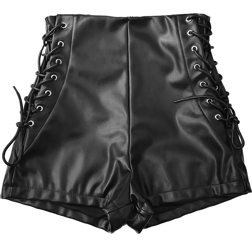 xsrrr Sexy Black PU Fashion Casual Summer Shorts Women Faux Leather Lace Up Goth Club High Waist Shorts Y2K  Slim Short Pants Ecoparty