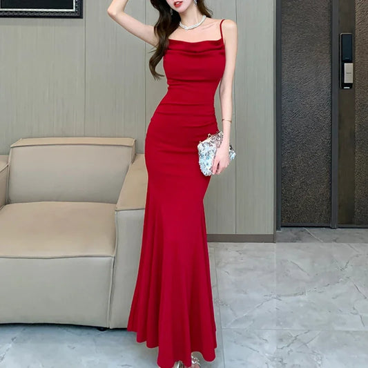 xsrrr DRESS TO IMPRESS Fashion Red Slip Evening Hip Wrap Dresses Women's Summer Sexy Long Maxi Cocktail Prom Dress