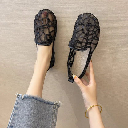 xsrrr Hollow Lace Flat Shoes Women Summer Slip on Loafers Breathable Shoes Ladies Shoes Casual Fashion Black Sneakers