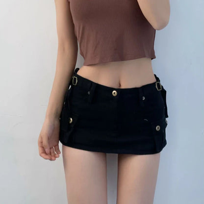 xsrrr Denim Cargo Mini Skirt Women Korean Style Low Waist Slim Sexy Vintage Streetwear Green Jean Skirt Y2k Girl Summer