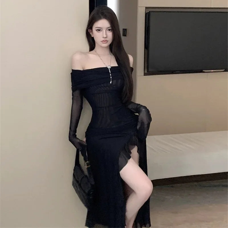 Women Black Sexy Long Dress Off Shoulder Elegant Irregular Ruffle Split Evening Party Dresses Bodycon Gothic Lace Dress