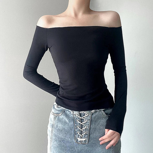 xsrrr Basic Solid Slash Neck T Shirt Skinny Full Sleeve Casual Black Tees for Women Autumn Streetwear Y2k T-shirts Korean Style