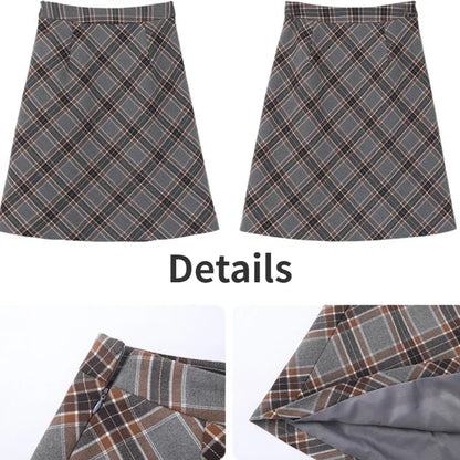 xsrrr Grey Plaid Skirts Women Autumn High Waist French Temper College A-line Skirt Faddish Simple Retro Designer Knee-length Faldas