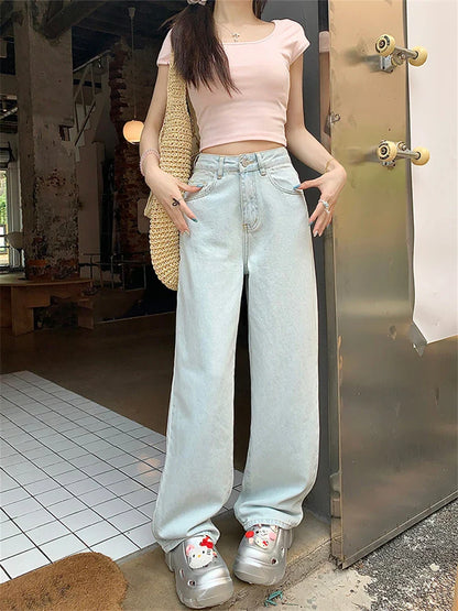 xsrrr Women's Pink Bow Embroidered Light Blue Jeans Young Girl Street Straight Bottoms Vintage Casual Trousers Female Wide Leg Pants