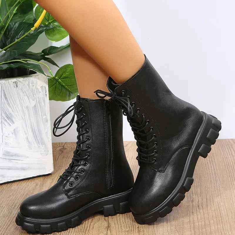 Hnewly Boots Women Autumn Winter PU Leather White Ankle Boots Motorcycle Botines Female Chunky Heels Platform Boots Botas Mujer