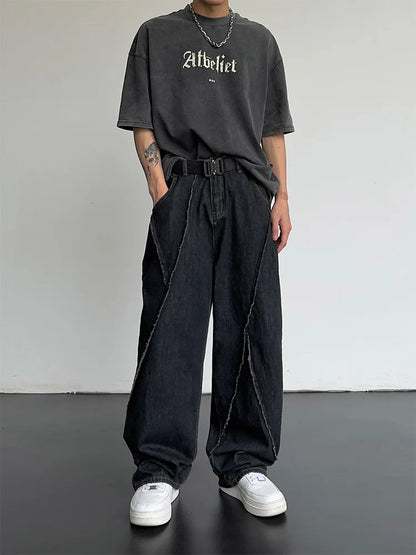 2024 Men HipHop Distressed Jeans Pants Men Ripped Patchwork Denim Pants Male Oversized Loose Casual Streetwear Wide Leg Trousers